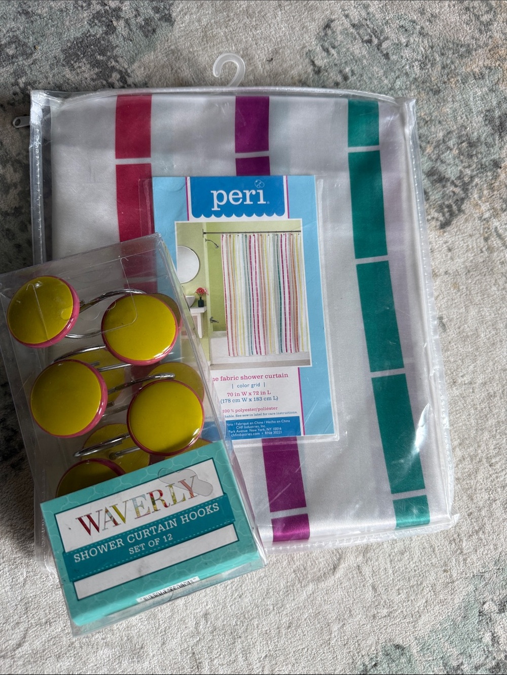 Peri Striped Fabric Shower Curtain and Waverly Metal Shower Hooks, 70 x 72 in